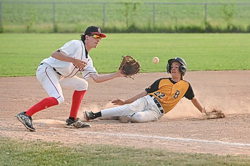 Mike Sudoma/Free Press
Bonivitals Benjamin Graham slides to third plate during the AAA Baseball Manitoba Provincial Championships Sunday evening at Charleswood Place field
July 28, 2024
