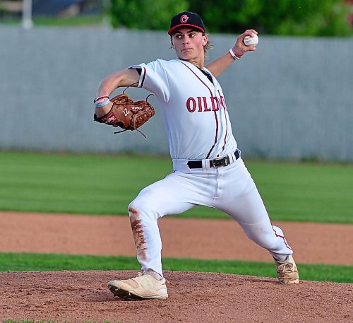 Southpaw pitcher Connor Martin helped his own cause on the mound during his team's 9-0 victory over Pembina Hills on Saturday during Baseball Manitoba 18U AAA Tier 2 provincials hosted by Winnipeg South. Besides earning the shutout win, he also crushed two homers in the game. (Jules Xavier/The Brandon Sun)