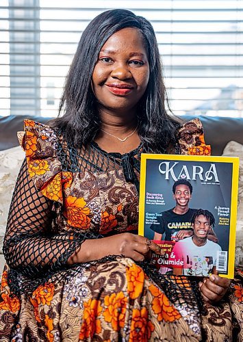 NIC ADAM / FREE PRESS
Kara Magazine&#x2019;s Editor-in-Chief Abiodun Adetu, pictured in her home Tuesday, emphasized the magazine's mission to educate young African Canadians about their roots, covering a wide range of topics from food and history to fashion and tourism.
240730 - Tuesday, July 30, 2024.

Reporter: Thandi