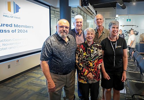 Ruth Bonneville / Free Press

Sports - 2024 inductees HOF

Five of the 2024 Inductees attend a press conference announcing this year's inductees at Manitoba Sports Hall of Fame Tuesday.

Group photo of inductees in attendance at the press conference: L - R
Russ Horbal - Builder - Sport Medicine
Ted Irvine - Athlete - Hockey 
Garth Pischke, Coach of1999-2003 University of Manitoba Bisons - Team - Volleyball 
Brita Hall - Athlete - Special Olympics (far right)
Dr. Sandra Kirby - Builder - Multi-Sport (centre)


Manitoba Sports Hall of Fame Announces five individuals and one team inducted into the Manitoba Sports Hall of Fame at press conference held at Manitoba Sports Hall of Fame Tuesday.  An official ceremony for the  inductees will held on Thursday, November 7, 2024, at the Victoria Inn Hotel &amp; Convention Centre.
 
The Manitoba Sports Hall of Fame's induction ceremony is an annual celebration of our province's sport legends and the defining moments that have shaped our sport community. 



July 29th,  2024

