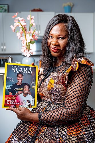 NIC ADAM / FREE PRESS
Kara Magazine&#x2019;s Editor-in-Chief Abiodun Adetu, pictured in her home Tuesday, emphasized the magazine's mission to educate young African Canadians about their roots, covering a wide range of topics from food and history to fashion and tourism.
240730 - Tuesday, July 30, 2024.

Reporter: Thandi