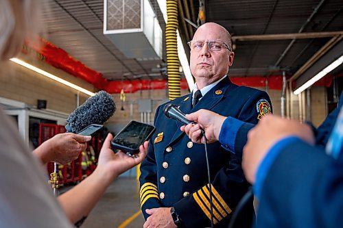 NIC ADAM / FREE PRESS
WFPS Deputy Chief Scott Wilkinson, pictured at Station 1, speaks to press about the increase of fires at vacant properties as fire crews have responded to 114 fires at vacant properties as of June 30.
240730 - Tuesday, July 30, 2024.

Reporter: Nicole