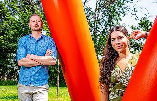 NIC ADAM / FREE PRESS
Nick Ridley (left) and Savanna Vagianos, pictured in Chester&#x2019;s Park at UofM Tuesday, are two of the people behind Beyond Profit: Seeking Sustainability, a 25-minute documentary produced by UofM students and professors that explores three local small businesses that prioritize social and ecological wellbeing over maximizing profit.
240730 - Tuesday, July 30, 2024.

Reporter: Aaron
