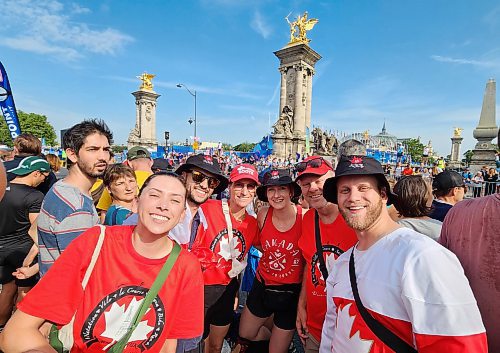 DANIELLE DA SILVA / FREE PRESS

From left, Madison Mislawchuk, Andrew Proven, Tiffany Sheldon, Janna Stefanson, Craig Sheldon and Kiefer Sheldon at the Pont Alexandre III bridge in Paris, France to cheer on Oak Bluff triathlete and three-time Olympian Tyler Mislawchuk at the Summer Games on July 31, 2024.