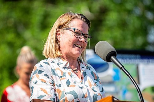 MIKAELA MACKENZIE / FREE PRESS

	
Lora Meseman, executive director of the general council of Winnipeg Community Centres, speaks at the groundbreaking of a new basketball court and playground at Northwood Community Centre on Wednesday, July 31, 2024. 

For Jura story.