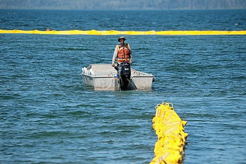 31072024
Workers with ASI Group work to move silt curtains into Clear Lake at the Clear Lake boat cove in Riding Mountain National Park on Wednesday. The silt curtains are being set up in Clear Lake from boat cove to the pier as part of extensive work by Parks Canada in the wake of limited zebra mussel activity being found in the lake. 
(Tim Smith/The Brandon Sun)