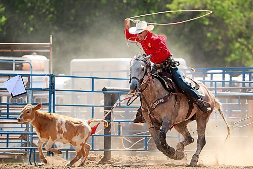 Laramie Collen of Virden tries to lasso a calf during the high school tie down roping event at the first go-round of the 2024 Canadian High School Rodeo Finals at the Keystone Centre on a scorching hot Thursday. About 250 contestants from across the country are competing in the finals, which wrap up Saturday. See more photos on Page A4. (Tim Smith/The Brandon Sun)