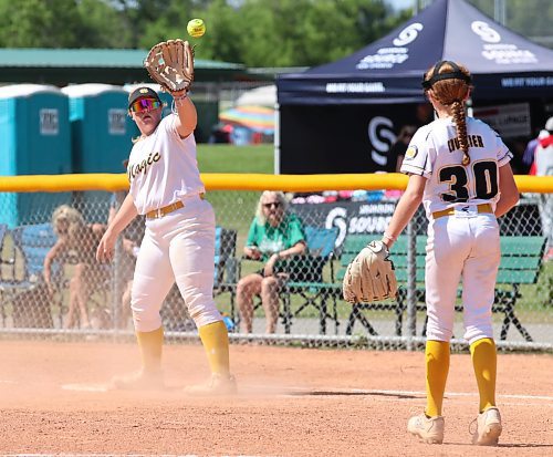 Westman Magic first baseman Quincy Haggarty catches a throw from pitcher Haleigh Cuvelier to make an out against the Tri-City Titans during the under-13 western Canadian championship at the Ashley Neufeld Softball Complex on Thursday (Perry Bergson/The Brandon Sun)
Aug. 1, 2024