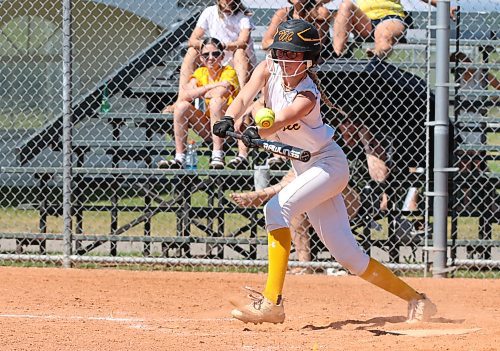 Westman Magic batter Hadley Robertson lays down bunt during her team&#x2019;s game against the Tri-City Titans during the under-13 western Canadian championship at the Ashley Neufeld Softball Complex on Thursday afternoon. The ball landed in fair territory but the spin on it led it to roll foul. (Perry Bergson/The Brandon Sun)
Aug. 1, 2024