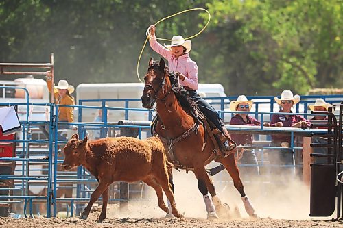 Checotah Many Grey of Cardston, Alta., tries to lasso a calf during the junior high girls breakaway roping event. (Tim Smith/The Brandon Sun)