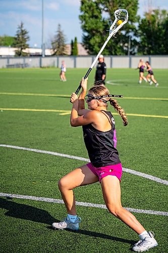 NIC ADAM / FREE PRESS
The Manitoba women's U19 field lacrosse team&#x2019;s Elle Garriock (8) practicing at Ralph Cantafio Soccer Complex Wednesday before the national women's U19 field lacrosse championship at Ralph Cantafio this weekend.
240731 - Wednesday, July 31, 2024.

Reporter: Josh