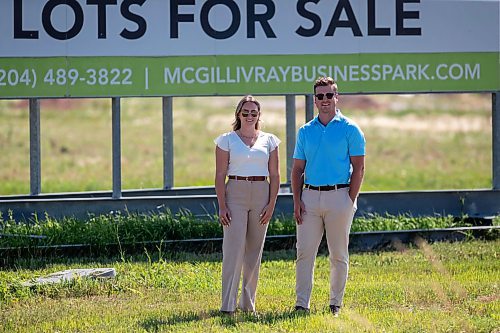 BROOK JONES / FREE PRESS
Stephen Kleysen (right), 27, who is the vice-president of T2K Enterprises Ltd., and Shannon Kleysen, 27, who is the director of administration of T2K Enterprises are pictured in front of their McGillivrary Business Park lots for sale sign in Oak Bluff, Man., Thursday, Aug. 1, 2024. The brother-sister duo, who are twins, are the children of T2K President Tom Kleysen. The McGillivray Business Park is continuing to expand as at least 20 businesses have been built or agreed to build on the 160 acres during the past two and a half years.