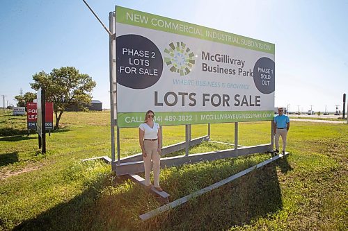 BROOK JONES / FREE PRESS
Stephen Kleysen (right), 27, who is the vice-president of T2K Enterprises Ltd., and Shannon Kleysen, 27, who is the director of administration of T2K Enterprises are pictured in front of their McGillivrary Business Park lots for sale sign in Oak Bluff, Man., Thursday, Aug. 1, 2024. The brother-sister duo, who are twins, are the children of T2K President Tom Kleysen. The McGillivray Business Park is continuing to expand as at least 20 businesses have been built or agreed to build on the 160 acres during the past two and a half years.