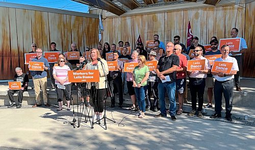 Jordan Snobelen / FREE PRESS

Elmwood-Transcona NDP riding candidate Leila Dance is backed by supporters and labour group representatives as she speaks about her campaign from Transcona Centennial Square in downtown Transcona on Thursday (Aug. 1) ahead of a Sept. 16 byelection. 

