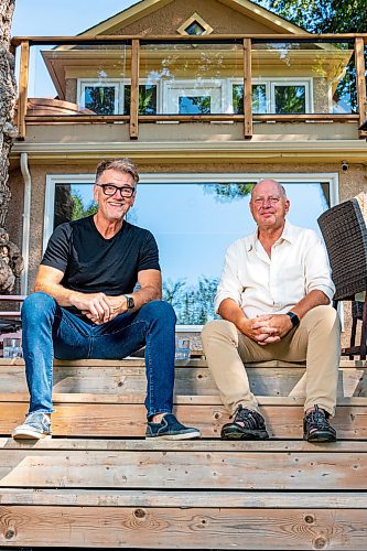 NIC ADAM / FREE PRESS
Scott MacKay (right), founder and former CEO of Probe Research, and Peter George, former CEO of McKim Communications Group, pictured in MacKay&#x2019;s backyard Thursday morning.
240801 - Thursday, August 01, 2024.

Reporter: Martin