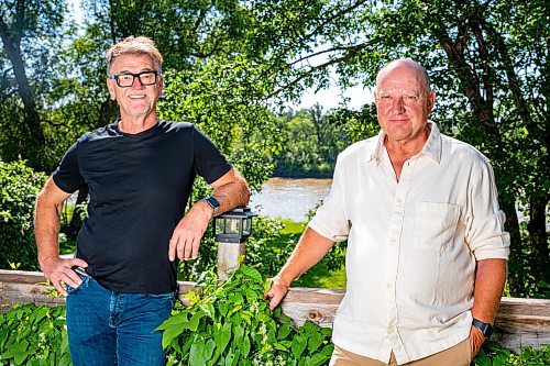 NIC ADAM / FREE PRESS
Scott MacKay (right), founder and former CEO of Probe Research, and Peter George, former CEO of McKim Communications Group, pictured in MacKay&#x2019;s backyard Thursday morning.
240801 - Thursday, August 01, 2024.

Reporter: Martin