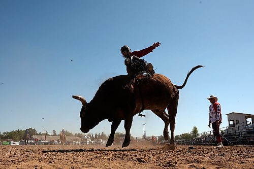 01082024
Lucas Ozirney of Grenfell, Saskatchewan competes in the high school bulls event at the first go-round of the 2024 Canadian High School Rodeo Finals at the Keystone Centre on Thursday. Approximately 250 contestants from across the country are competing in the finals, which wrap up Saturday.
(Tim Smith/The Brandon Sun)