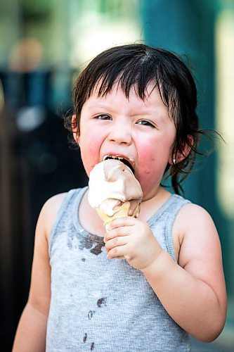 MIKAELA MACKENZIE / FREE PRESS

	
Two-year-old Secora Raven eats an ice cream after cooling down at the splash pad at The Forks on Thursday, Aug. 1, 2024. 

For heat story.