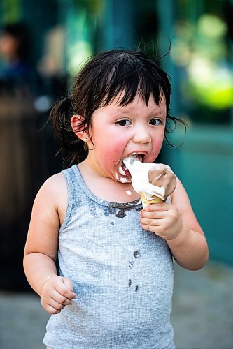 MIKAELA MACKENZIE / FREE PRESS

	
Two-year-old Secora Raven eats an ice cream after cooling down at the splash pad at The Forks on Thursday, Aug. 1, 2024. 

For heat story.