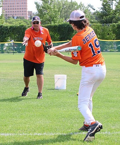 Prince Albert Astros co-founder Felix Casavant tosses a waffle ball to Liam Bergen (19) as the team warmed up for a game at the western Canadian under-13 boys championship at the Ashley Neufeld Softball Complex on Friday afternoon. Casavant founded the boys&#x2019; program in 1996, and is now an assistant coach with the U13 team coached by his son. (Perry Bergson/The Brandon Sun)
Aug. 2, 2024