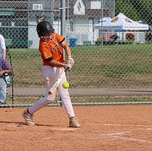 Prince Albert Astros batter Dallyn Mayotte (10) gets the bat on the ball during a game against the Cross Lake Warriors at the western Canadian under-13 boys championship at the Ashley Neufeld Softball Complex on Friday afternoon. (Perry Bergson/The Brandon Sun)
Aug. 2, 2024