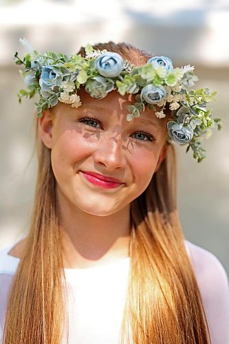 Lena Gabrush with the Rushnychok Ukrainian Folk Dance Association smiles after dancing in the lyrical solo female 13-15 years old category of the talent competition on Friday. (Tim Smith/The Brandon Sun)