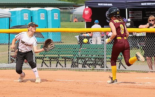 Second baseman Kaedyn Leslie covers first base to put out Southeast Sun Devils batter Lyrik Phelps (8) during the under-13 western Canadian championship at the Ashley Neufeld Softball Complex on Friday afternoon. (Perry Bergson/The Brandon Sun)
Aug. 2, 2024