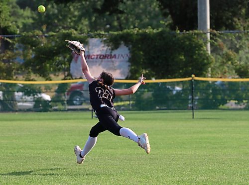 Westman Magic right fielder Logan Rome makes a desperate jump for a well-hit ball that rolled to the fence during their game against the Langley Xtreme at the under-13 western Canadian championship at the Ashley Neufeld Softball Complex on Friday evening. (Perry Bergson/The Brandon Sun)
Aug. 2, 2024