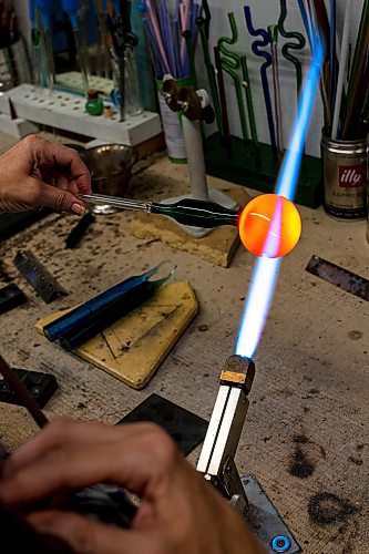 NIC ADAM / FREE PRESS
Glass worker Brook Drabot pictured working in the garage studio of her Warren home Friday. 
240801 - Thursday, August 01, 2024.

Reporter: