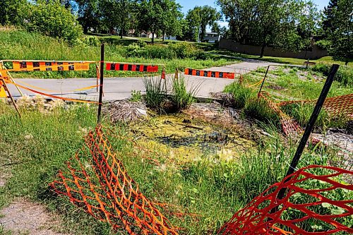 NIC ADAM / FREE PRESS
Residents say the huge hole we reported on last year, pictured Friday, remains alongside the Sturgeon Creek pathway. Coun. Shawn Dobson said he agrees as it poses a safety hazard, though the city has a plan to fix it. 
240802 - Friday, August 02, 2024.

Reporter: Joyanne
