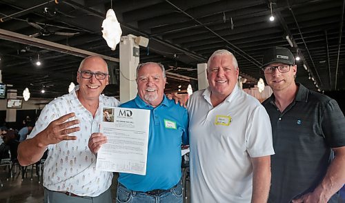 Ruth Bonneville / Free Press

Sports - MB Derby

Photo of a group of local horse race owners posing with a photo of their horse - No Show No Call, after live draw for each post position for this years Manitoba Derby at luncheon at the Assiniboine Downs on Friday. 

Names:  L - R
Cory Ricard  (co-owner)
Keith Dangerfield  (co-owner)
Kevin Gill  (co-owner)
Mike Taphorn  (manager)

The 76th running of the Manitoba Derby presented by Manitoba Liquor &amp; Lotteries takes place on Monday, August 5 at 7:30 p.m.


Aug 2nd,  2024

