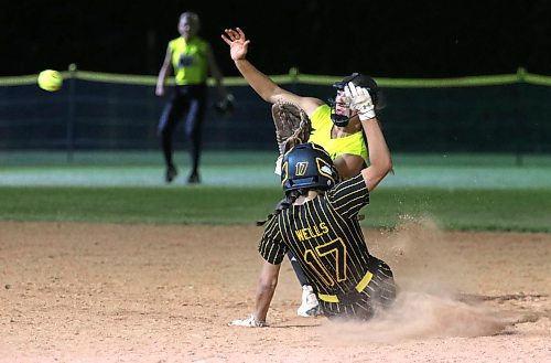 Moose Jaw Ice shortstop Riley Ziffle watches the ball fly into her glove as Westman Magic base runner Lily Wells slides in safely under the lights at the Ashley Neufeld Softball Complex late Saturday evening at the under-13 western Canadian championship. (Perry Bergson/the Brandon Sun)
Aug. 6, 2024