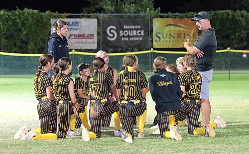 Head coach Stewart McMillan and assistant coach Siena McMillan speak to their team for one final time after they were eliminated by the Moose Jaw Ice at the under-13 western Canadian championship at the Ashley Neufeld Softball Complex on Saturday. (Perry Bergson/the Brandon Sun)
Aug. 6, 2024