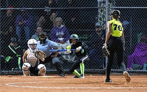 Eastman Wildcats batter Abby Mateychuk (39) lays down a bunt against pitcher Kaleigh Winslow (70) and the Moose Jaw Ice during the final of the under-13 western Canadian championship at the Ashley Neufeld Softball Complex on Sunday. (Perry Bergson/the Brandon Sun)
Aug. 6, 2024