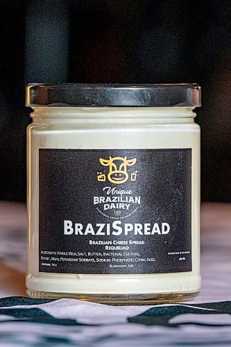 NIC ADAM / FREE PRESS
A jar of BraziSpread, a specialty Brazilian cheese spread, made by Brazilian cheese maker Fabiola Della Pria is pictured in Hermano&#x2019;s restaurant in the Exchange District Tuesday. 
240806 - Tuesday, August 06, 2024.

Reporter: Dave