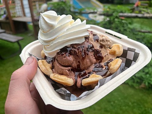 One of CJ's Snack Shack's own creations &#x460;Gracie's warm waffle bowl sundae for $8. Two scoops of hard ice cream with your choice of hot fudge, chocolate, strawberry or caramel sauce on a soft, freshly-made waffle made in the shape of a bowl. With whipped cream. (Matt Goerzen/The Brandon Sun)