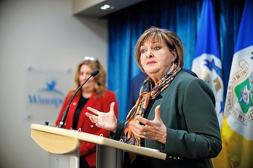 MIKE DEAL / FREE PRESS
City Councillor Janice Lukes (Waverley West) answers questions from the media after Winnipeg Mayor Scott Gillingham announces that the intersection of Portage Avenue and Main Street should re-open to pedestrian traffic and the underground circle should be closed down, based on a new city report on the traffic impact and cost of repairing the Portage and Main underground.
240301 - Friday, March 01, 2024.