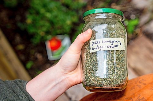 NIC ADAM / FREE PRESS
Local artist Ash Alberg, pictured outside her home Thursday, with jars full of dying materials she made with plants from her garden. 
240808 - Thursday, August 08, 2024.

Reporter: Maggie