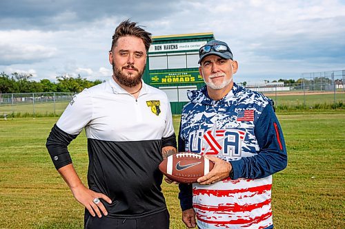 NIC ADAM / FREE PRESS
Kyle Baillie, head coach of the Winnipeg Wolfpack, is photographed with Dale Glossenger, the head coach of the AFE All-Stars, at the North Winnipeg Nomads Field Thursday afternoon.
Winnipeg Wolfpack, a women's tackle football team, is hosting the Friendship Bowl, a match against athletes from the USA American Football Events All-Stars team.  It will be a game between what they have dubbed the Canadian Women&#x2019;s Invitational team and said USA AFE All-Stars.
240808 - Thursday, August 08, 2024.

Reporter: Zoe