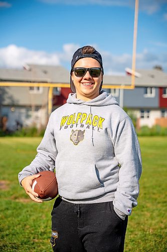 NIC ADAM / FREE PRESS
Rocky Hackman, a DB with the Winnipeg Wolfpack, is photographed at the North Winnipeg Nomads Field Thursday afternoon.
Winnipeg Wolfpack, a women's tackle football team, is hosting the Friendship Bowl, a match against athletes from the USA American Football Events All-Stars team.  It will be a game between what they have dubbed the Canadian Women’s Invitational team and said USA AFE All-Stars.
240808 - Thursday, August 08, 2024.

Reporter: Zoe