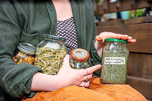 NIC ADAM / FREE PRESS
Local artist Ash Alberg, pictured outside her home Thursday, with jars full of dying materials she made with plants from her garden. 
240808 - Thursday, August 08, 2024.

Reporter: Maggie