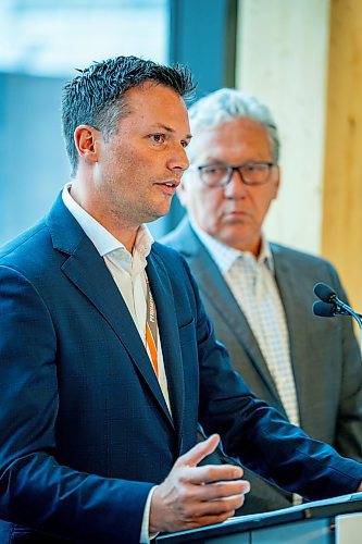 NIC ADAM / FREE PRESS
Perimeter Aviation President and CEO Joey Petrisor speaks at an announcement on infrastructure funding to enhance regional connectivity in the Prairies in the newly renovated Perimeter terminal Thursday.
240808 - Thursday, August 08, 2024.

Reporter: Martin