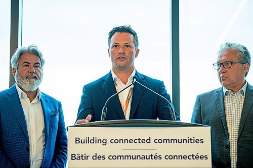 NIC ADAM / FREE PRESS
Perimeter Aviation President and CEO Joey Petrisor speaks at an announcement on infrastructure funding to enhance regional connectivity in the Prairies in the newly renovated Perimeter terminal Thursday.
240808 - Thursday, August 08, 2024.

Reporter: Martin