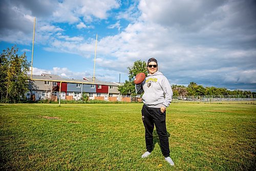 NIC ADAM / FREE PRESS
Rocky Hackman, a DB with the Winnipeg Wolfpack, is photographed at the North Winnipeg Nomads Field Thursday afternoon.
Winnipeg Wolfpack, a women's tackle football team, is hosting the Friendship Bowl, a match against athletes from the USA American Football Events All-Stars team.  It will be a game between what they have dubbed the Canadian Women&#x2019;s Invitational team and said USA AFE All-Stars.
240808 - Thursday, August 08, 2024.

Reporter: Zoe