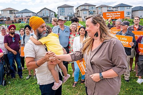 NIC ADAM / FREE PRESS
NDP Leader Jagmeet Singh (left) and NDP candidate Leila Dance speak to press at White Spruce Park before setting up campaign signs in for the upcoming Elmwood-Transcona byelection.
240809 - Friday, August 09, 2024.

Reporter: Aaron