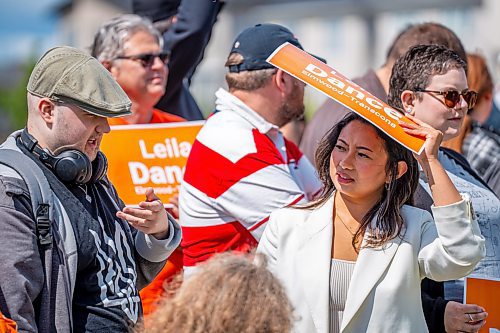 NIC ADAM / FREE PRESS
Member of the Manitoba Legislative Assembly Jelynn Dela Cruz speaks to NDP candidate Leila Dance supporters at White Spruce Park before setting up campaign signs in for the upcoming Elmwood-Transcona byelection.
240809 - Friday, August 09, 2024.

Reporter: Aaron