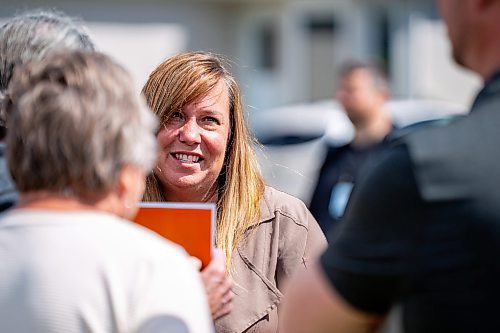 NIC ADAM / FREE PRESS
NDP candidate Leila Dance speaks to supporters at White Spruce Park before setting up campaign signs in for the upcoming Elmwood-Transcona byelection.
240809 - Friday, August 09, 2024.

Reporter: Aaron