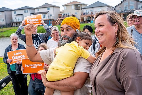 NIC ADAM / FREE PRESS
NDP Leader Jagmeet Singh (left) and NDP candidate Leila Dance speak to press at White Spruce Park before setting up campaign signs in for the upcoming Elmwood-Transcona byelection.
240809 - Friday, August 09, 2024.

Reporter: Aaron