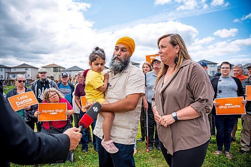 NIC ADAM / FREE PRESS
NDP Leader Jagmeet Singh (left) and NDP candidate Leila Dance speak to press at White Spruce Park before setting up campaign signs in for the upcoming Elmwood-Transcona byelection.
240809 - Friday, August 09, 2024.

Reporter: Aaron