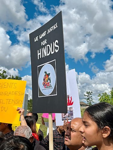 JORDAN SNOBELEN / FREE PRESS
Roughly 100 people gathered at the International Mother Language Plaza in Kirkbridge Park on Saturday to speak out against violence and call for support of Bangladesh's minority Hindu population. 